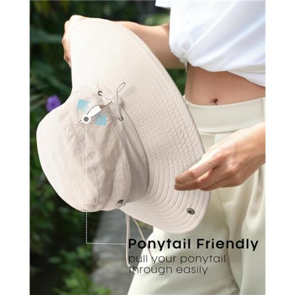 Womens Sun Hat UPF 80 Wide Brim Beach Hiking Outdoor Foldable Ponytail Hole Hat - Picture 5 of 8